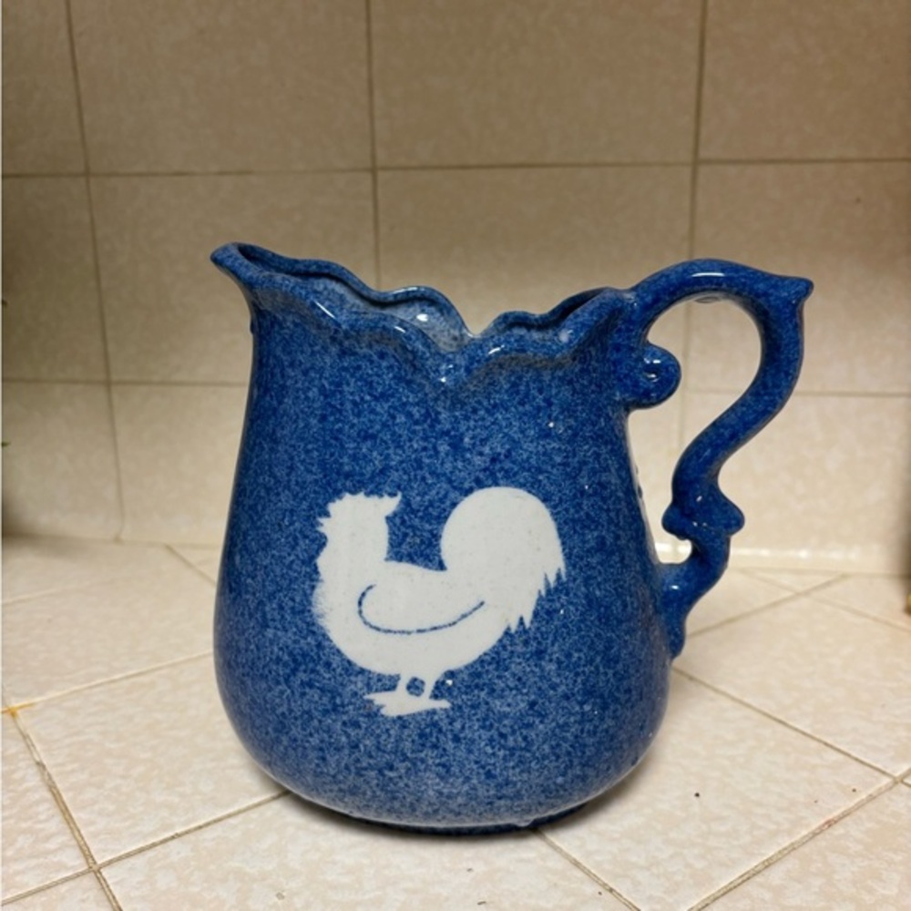 Vintage Blue Spongeware Spatterware Ceramic Pitcher with Rooster